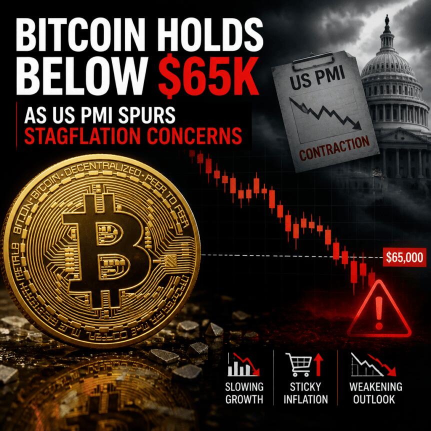 Bitcoin Holds Below $65K as US PMI Spurs Stagflation Concerns